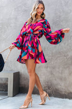 Red Abstract Printed Belted Puff Sleeve Mini Dress - Luxe Shopping