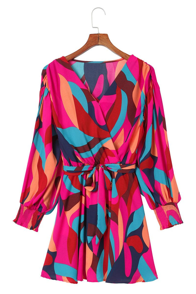 Red Abstract Printed Belted Puff Sleeve Mini Dress - Luxe Shopping