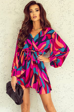 Red Abstract Printed Belted Puff Sleeve Mini Dress - Luxe Shopping