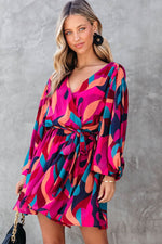 Red Abstract Printed Belted Puff Sleeve Mini Dress - Luxe Shopping