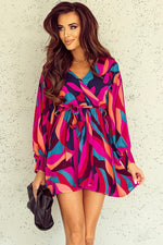 Red Abstract Printed Belted Puff Sleeve Mini Dress - Luxe Shopping