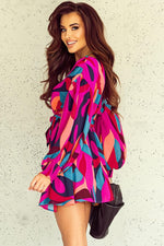 Red Abstract Printed Belted Puff Sleeve Mini Dress - Luxe Shopping