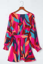 Red Abstract Printed Belted Puff Sleeve Mini Dress - Luxe Shopping