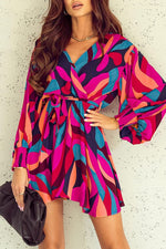 Red Abstract Printed Belted Puff Sleeve Mini Dress - Luxe Shopping