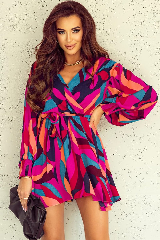 Red Abstract Printed Belted Puff Sleeve Mini Dress - Luxe Shopping