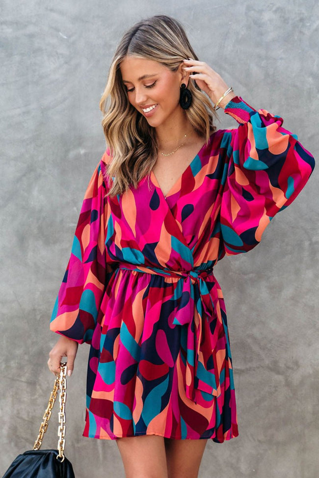 Red Abstract Printed Belted Puff Sleeve Mini Dress - Luxe Shopping