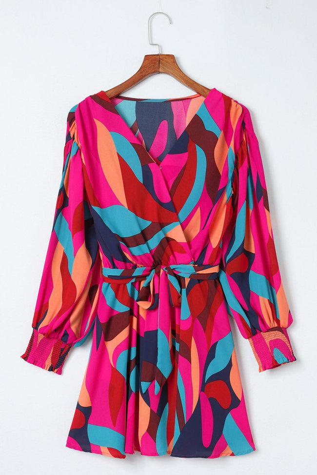 Red Abstract Printed Belted Puff Sleeve Mini Dress - Luxe Shopping