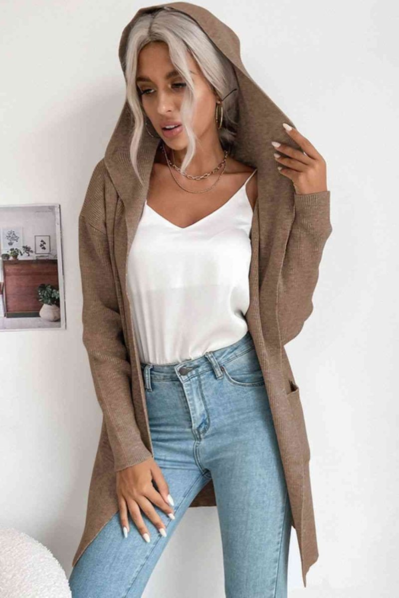 Ribbed Open Front Hooded Cardigan with Pockets - 4 Colors - Luxe Shopping