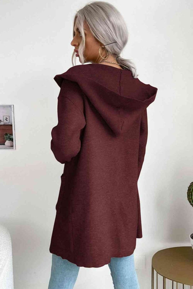 Ribbed Open Front Hooded Cardigan with Pockets - 4 Colors - Luxe Shopping