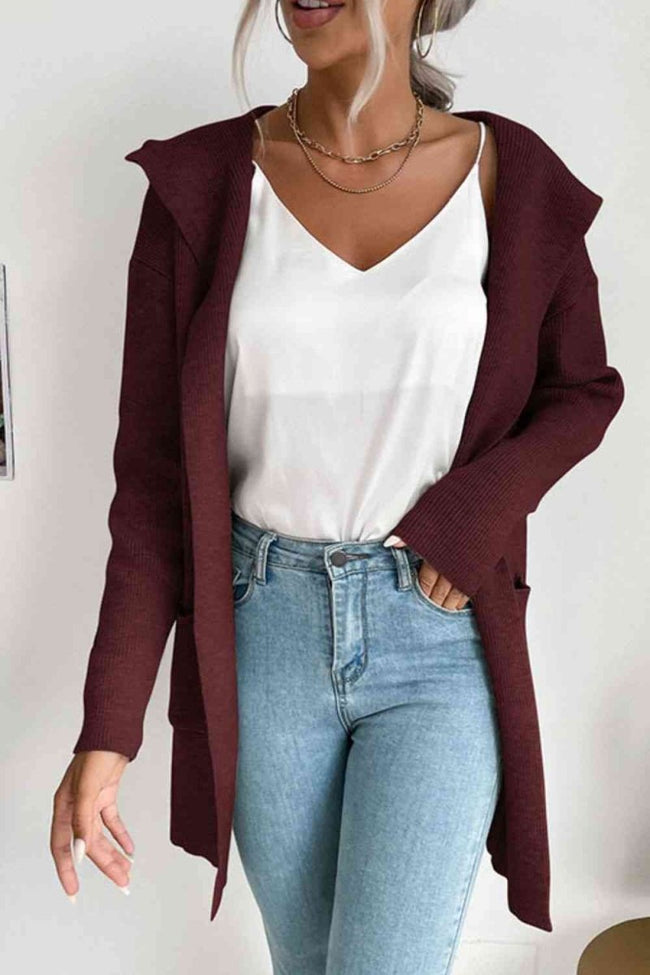 Ribbed Open Front Hooded Cardigan with Pockets - 4 Colors - Luxe Shopping