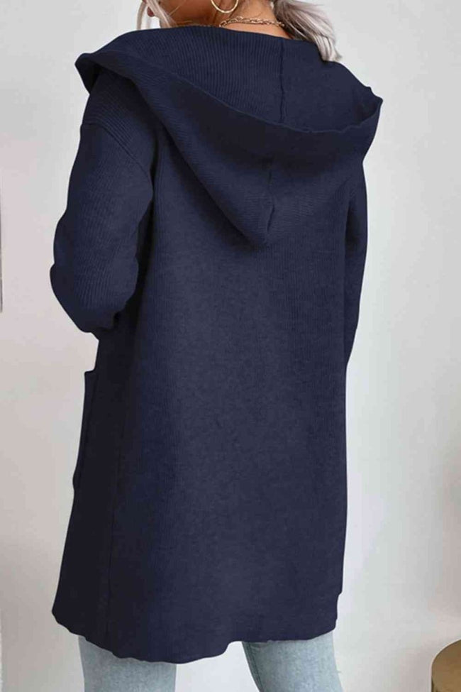 Ribbed Open Front Hooded Cardigan with Pockets - 4 Colors - Luxe Shopping