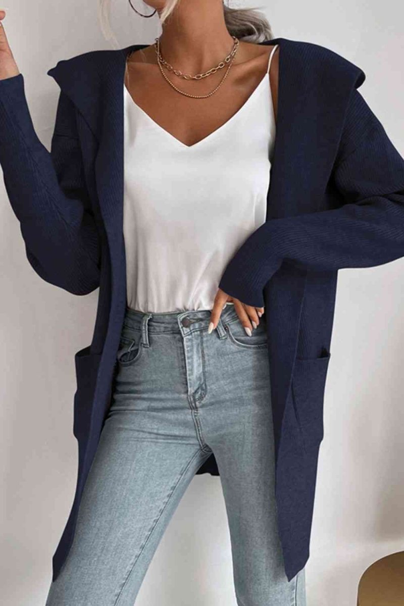 Ribbed Open Front Hooded Cardigan with Pockets - 4 Colors - Luxe Shopping