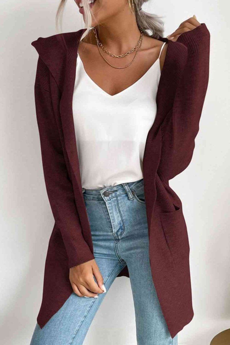 Ribbed Open Front Hooded Cardigan with Pockets - 4 Colors - Luxe Shopping