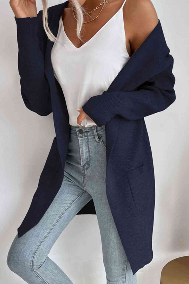 Ribbed Open Front Hooded Cardigan with Pockets - 4 Colors - Luxe Shopping