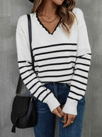 Striped V-Neck Drop Shoulder Sweater - 3 Colors - Luxe Shopping