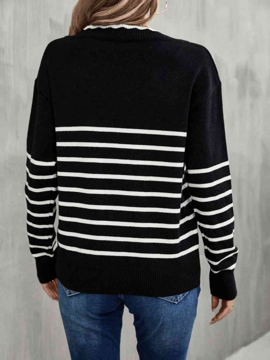Striped V-Neck Drop Shoulder Sweater - 3 Colors - Luxe Shopping