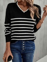 Striped V-Neck Drop Shoulder Sweater - 3 Colors - Luxe Shopping