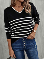 Striped V-Neck Drop Shoulder Sweater - 3 Colors - Luxe Shopping