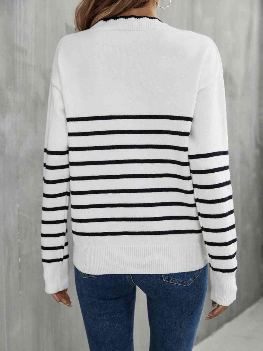 Striped V-Neck Drop Shoulder Sweater - 3 Colors - Luxe Shopping