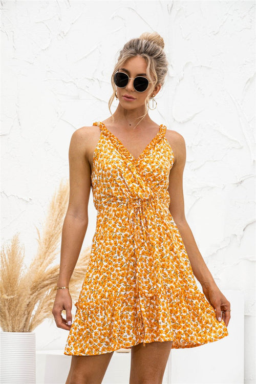 Summer 2023 new hot selling sexy V-neck halter ruffled floral dress