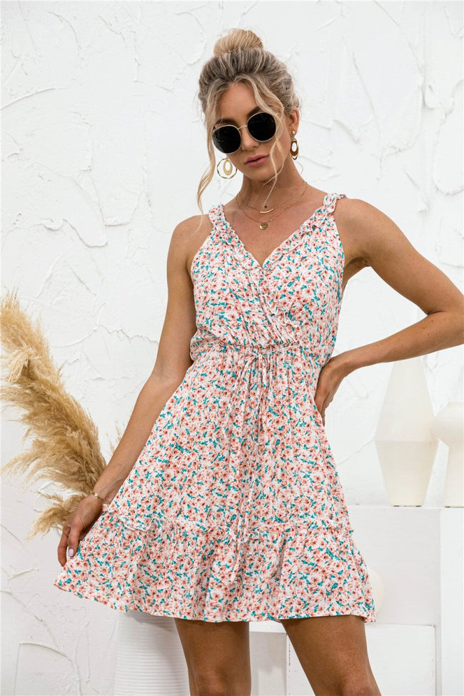 Summer 2023 new hot selling sexy V-neck halter ruffled floral dress - Luxe Shopping