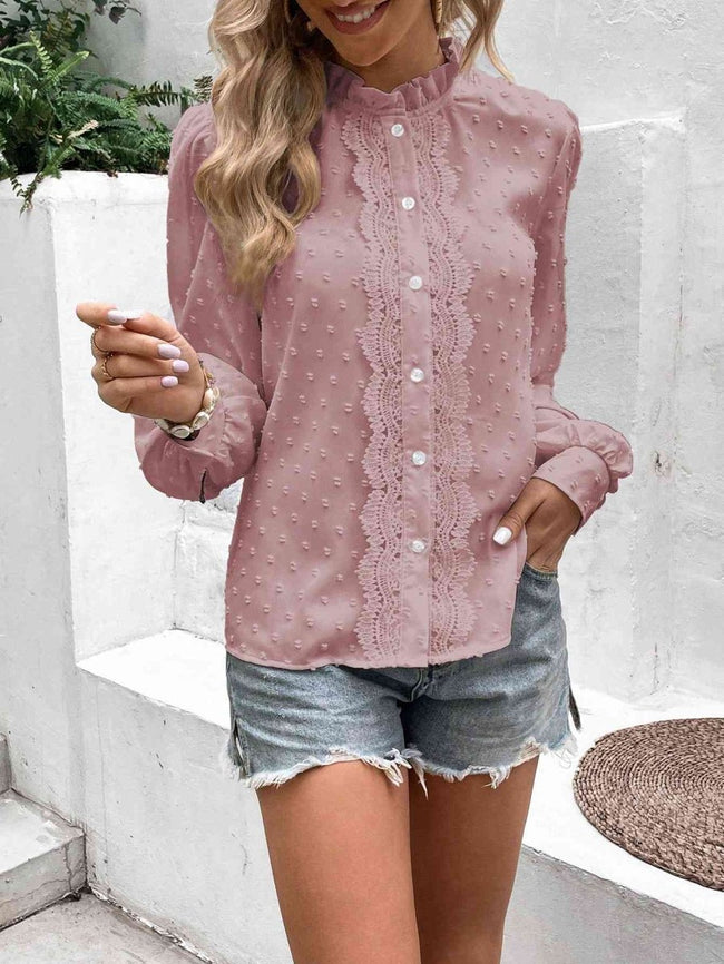 Swiss Dot Lace Trim Long Sleeve Shirt - Luxe Shopping