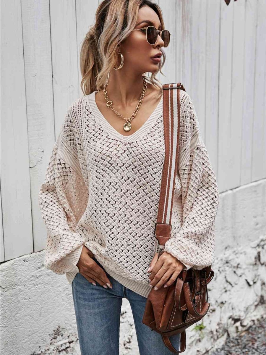 V-Neck Dropped Shoulder Sweater - 5 Colors - Luxe Shopping