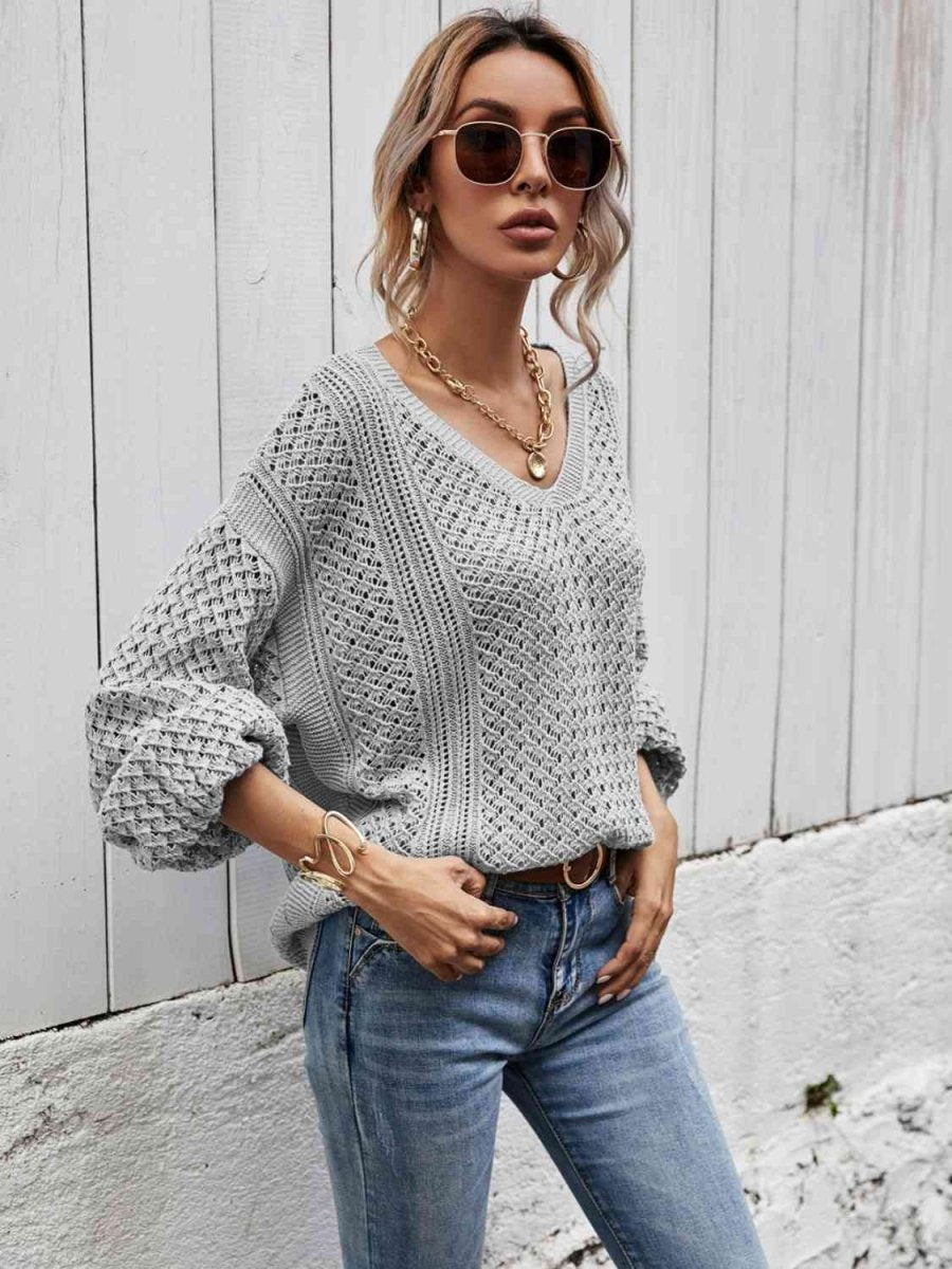 V-Neck Dropped Shoulder Sweater - 5 Colors - Luxe Shopping