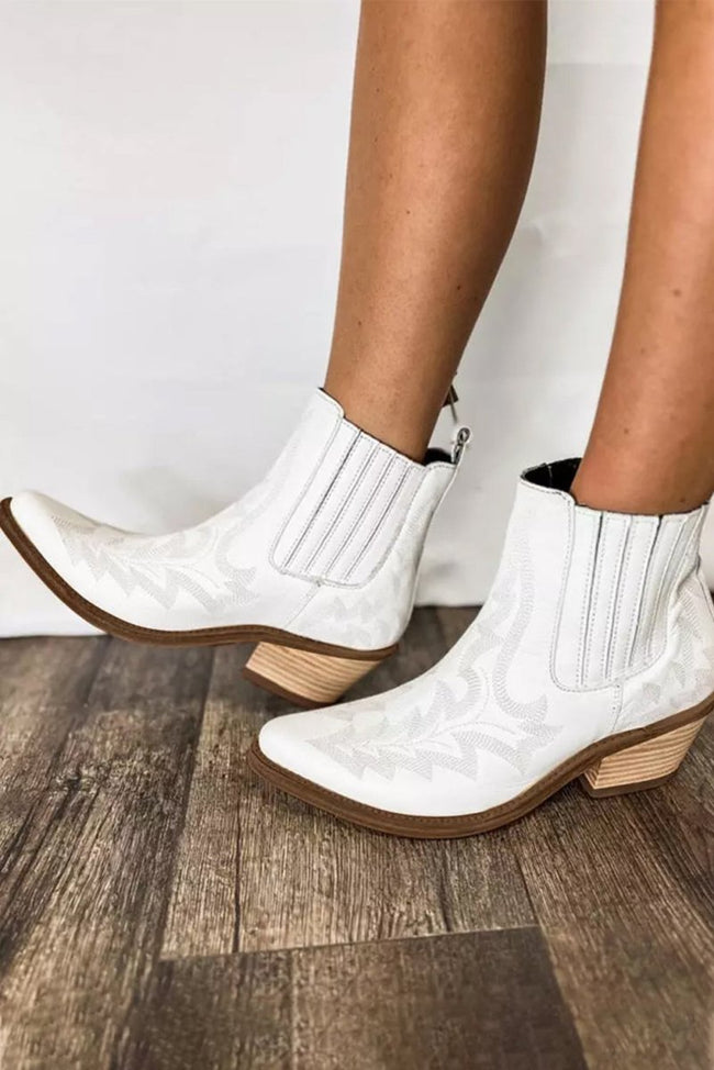 White Embroidered Leather Thick Heel Booties - Luxe Shopping