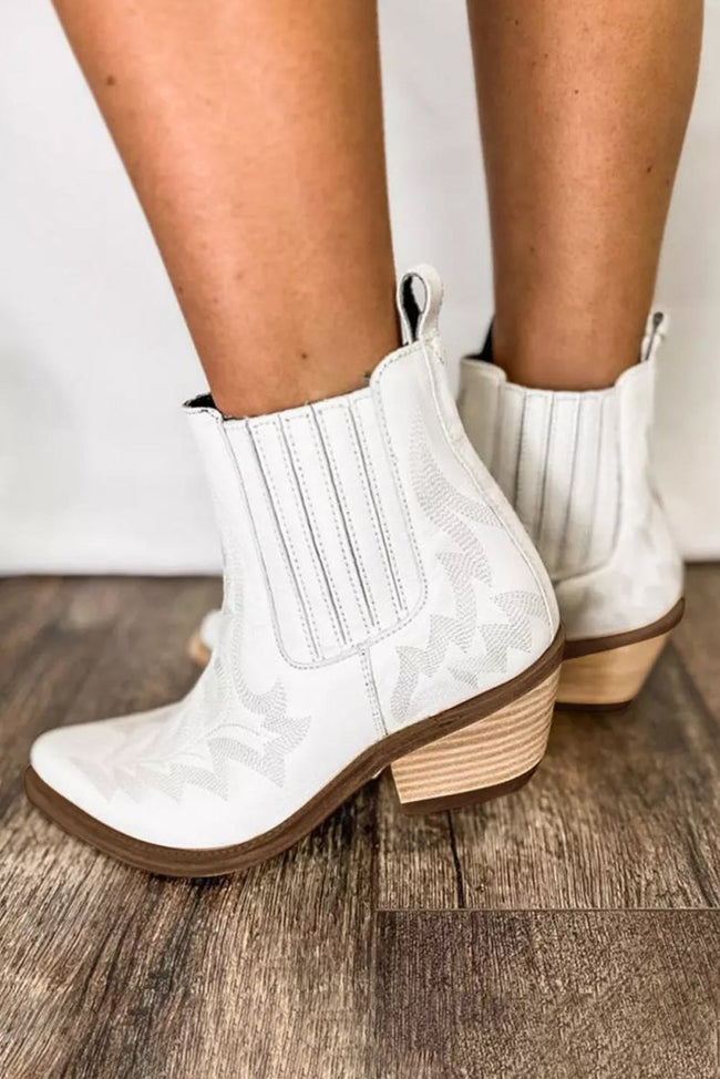 White Embroidered Leather Thick Heel Booties - Luxe Shopping