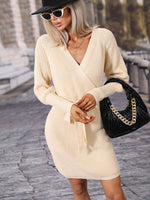 Women's Surplice Neck-Tie Waist Sweater Dress - Luxe Shopping