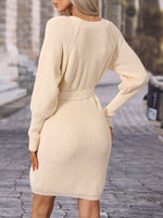 Women's Surplice Neck-Tie Waist Sweater Dress - Luxe Shopping