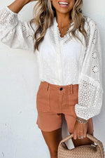 Women's V-Neck Openwork Long Sleeve Blouse - Luxe Shopping