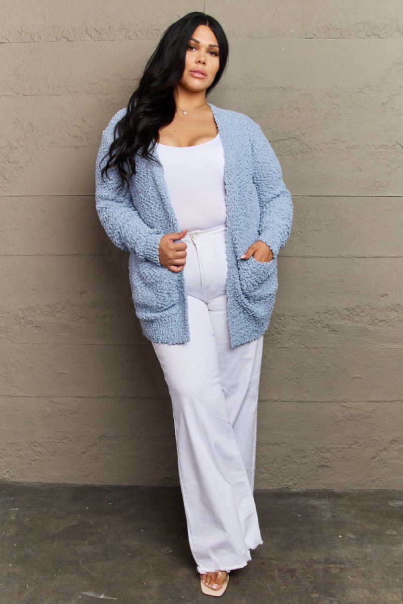 Zenana Falling For You Full Size Open Front Popcorn Cardigan - Luxe Shopping