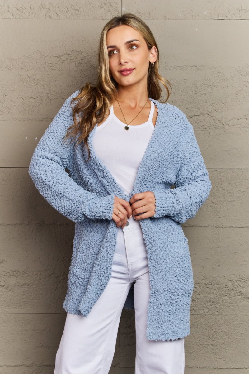 Zenana Falling For You Full Size Open Front Popcorn Cardigan - Luxe Shopping