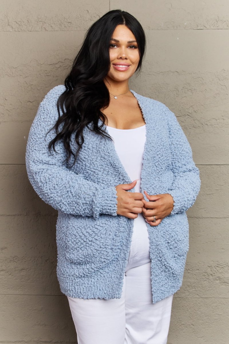 Zenana Falling For You Full Size Open Front Popcorn Cardigan - Luxe Shopping